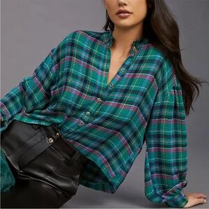 Pilcro Anthropologie Cropped Puff-Sleeve Plaid Blouse Women's Small